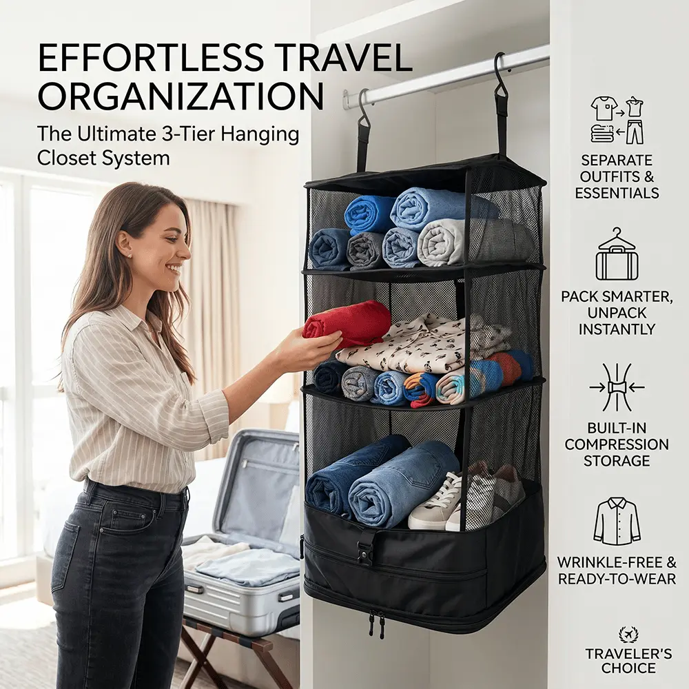 Travel Hanging Closet Organizer Bag with Hooks & Compression Straps – Portable Hanging Luggage Storage Bag with Multiple Compartments, Space-Saving Clothes Organizer for Suitcase, Business Trips, Vacations, Camping & Home