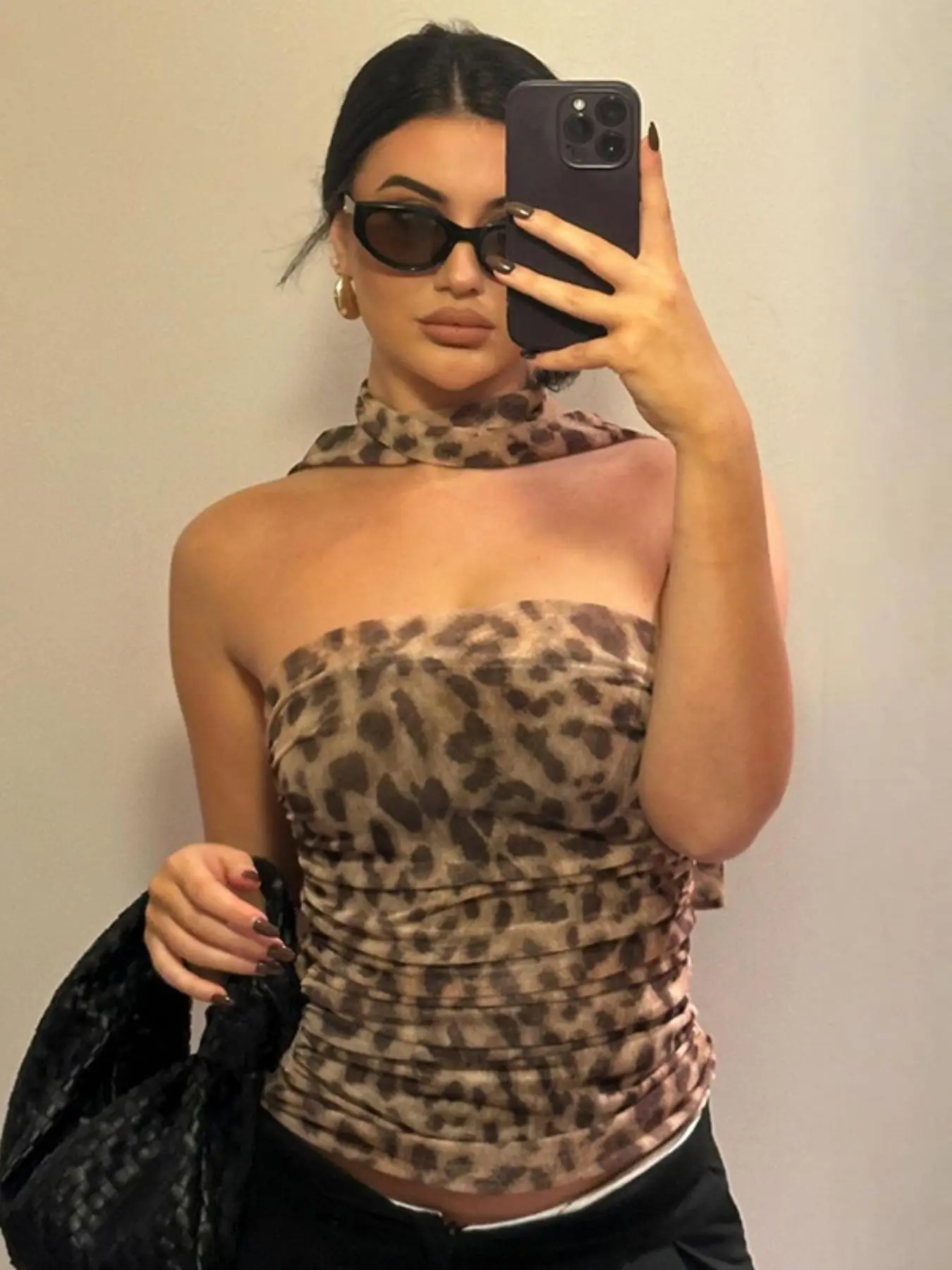 Women's Leopard Print Ruched Mesh Tube Top with Scarf, Casual Strapless Top for Summer, Ladies Clothes for Party Club Beach Vacation, Tube Top