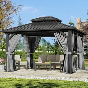 【2 Packages ship separately】Aoxun 12'x10' Hardtop Gazebo Aluminum Frame Galvanized Double Roof Canopy with Netting & Curtains for Garden Patio Storage Shed