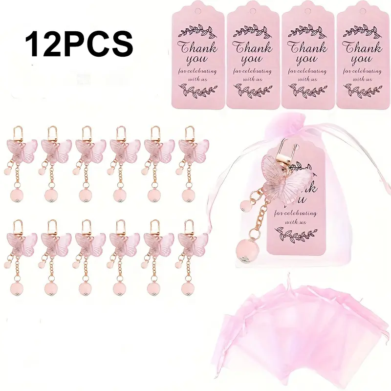 12pcs Pink Butterfly Keychain Charms, Whimsical Laser-Cut Beaded Pendant Set for Teens, Kawaii Bag & Purse Accessories, Wedding Party Gift Filler, Kawaii Accessories, Keychain For Purse, Party/Gifts