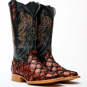 Cognac Jumbo Pirarucu Leather Boots - Square Toe