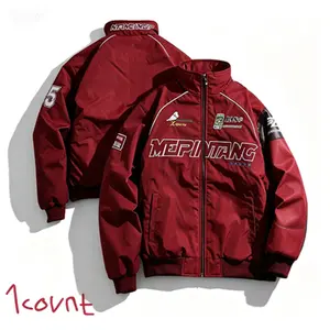 Men’s racing-style bomber jacket — graphic print with patch details, stand collar design, fleece fabric provides comfort and warmth, perfect for casual street style, everyday wear, or this season’s trendy sporty look; long sleeves. Coats Jeans