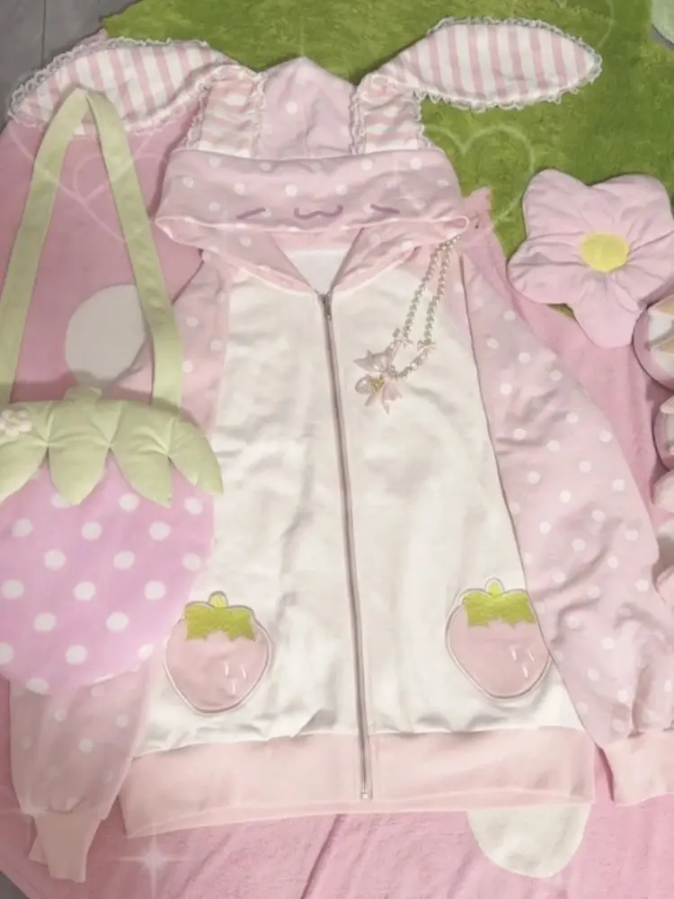 Japanese Kawaii Rabbit Ears Hoodies Tops Women Design Loose Dot Lace Patchwork Cute Coat Harajuku Chic Sweet Lovely ​Sweatshirts