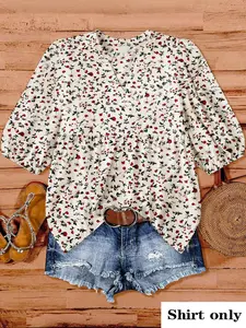 Women's Casual Boho Chic V-Neck Printed Short Sleeve Top, Bohemian Style Shirt, Lightweight Comfortable Summer Blouse, Trendy Floral Design