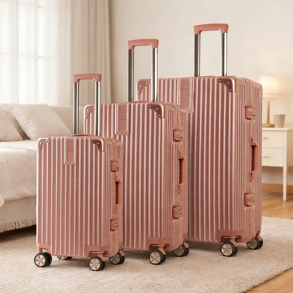 Gold Hardshell Aluminum-Alloy Frame Zipperless Luggage Set - 3-Piece Modern Family Travel Collection (20"/24"/28") with 20-Inch Carryon Luggage with Wheels, Secure Locks for Business & Leisure Trips shipping