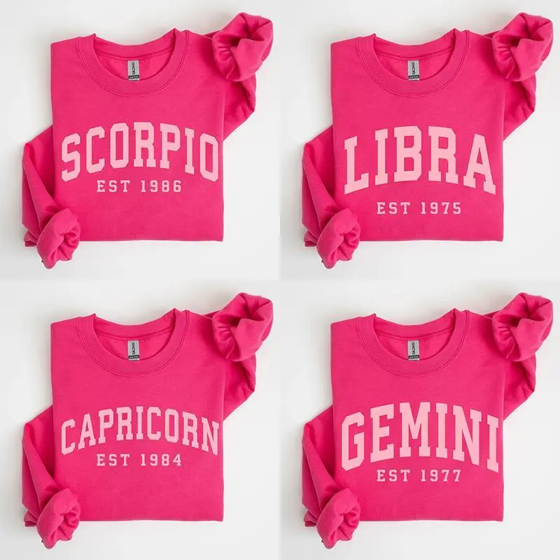 (LEAVE A NOTE OR DM SHOP) Custom Zodiac Sweatshirt- Pink (Heliconia), Personalized Year Astrology Pullover, Black Unisex Crewneck, Cute Horoscope Birthday Gift, Celestial Sign Outfit 2025 - AL