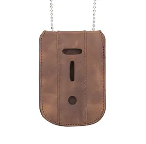 Law Enforcement Saddle Brown Full Grain Leather Neck Chain Police Badge and ID Holder with Extra Hidden Inside ID Card Storage
