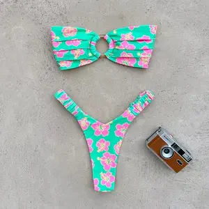 Printed Push-Up Bandeau Bikini Set – Brazilian Thong Swimwear