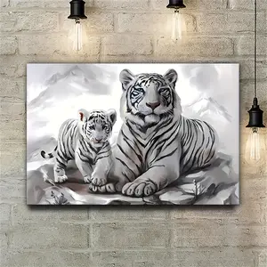 Wooden Frame  White Tiger and Cub Canvas Art - Serene Snowy Mountain Background,Living Room, Bedroom Home  Wall Decor
