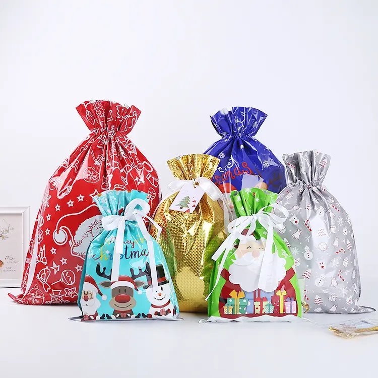60 PCS Christmas Drawstring Gift Bags (30 Gift Bags + 30 Tags) | Gift/Candy Storage Reusable Bags | Holiday Party Decoration | Multi-Style in One