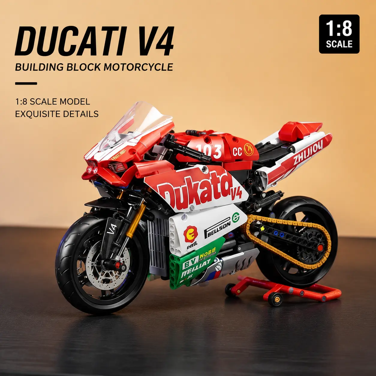 1:8 Ducati Mechanical Brick-Build Motorcycle Building Blocks Set, Realistic Static 3D Puzzle, Plastic Brick Block Set Motorcycle Buildable Kit, Toy Gift for Adults, 3D Puzzle Motorcycles, Block Set Motorcycles
