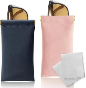 Soft Sunglass Case 2 Pack - Portable Squeeze Top Eyeglass Case with Cotton Lined Pouch & Glasses Cloths for Easy Access