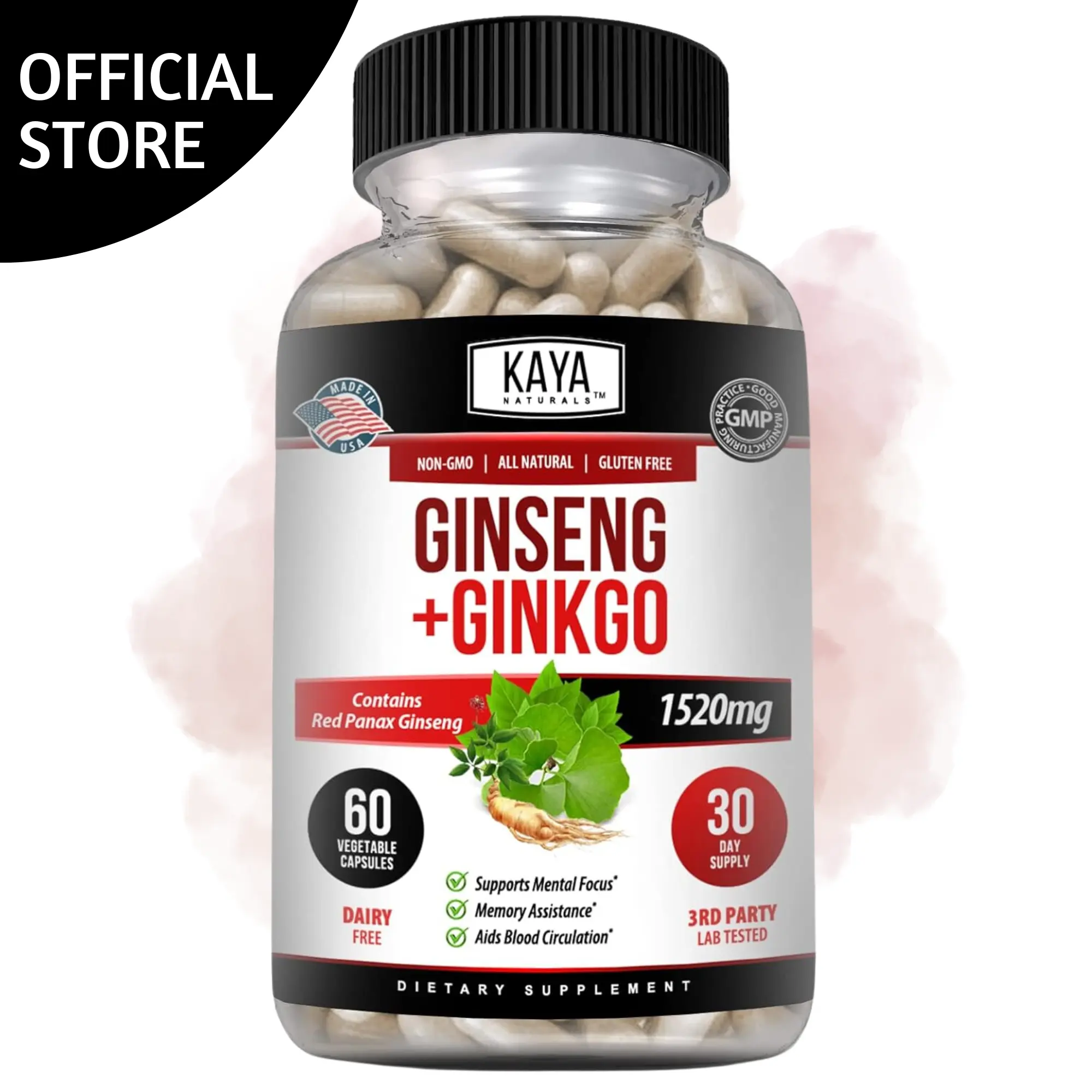 Kaya Naturals Red Panax Ginseng + Ginkgo Biloba | Nootropic Brain Supplement | Cognitive and Concentration Support | Brain Booster, Focus, and Memory Supplement | 60 Capsules