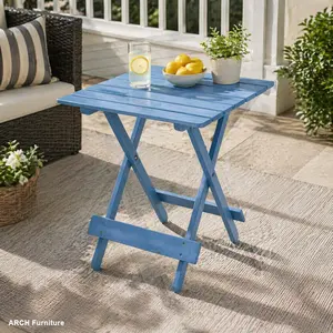 Portable Foldable Square Shape Outdoor Dining Table - Solid Wood, Weather Resistant, Sturdy Legs X-Frame Base, Compact Pre-Assembled, Space-Saving Garden Dining Table for Backyard, Balcony, Blue Color