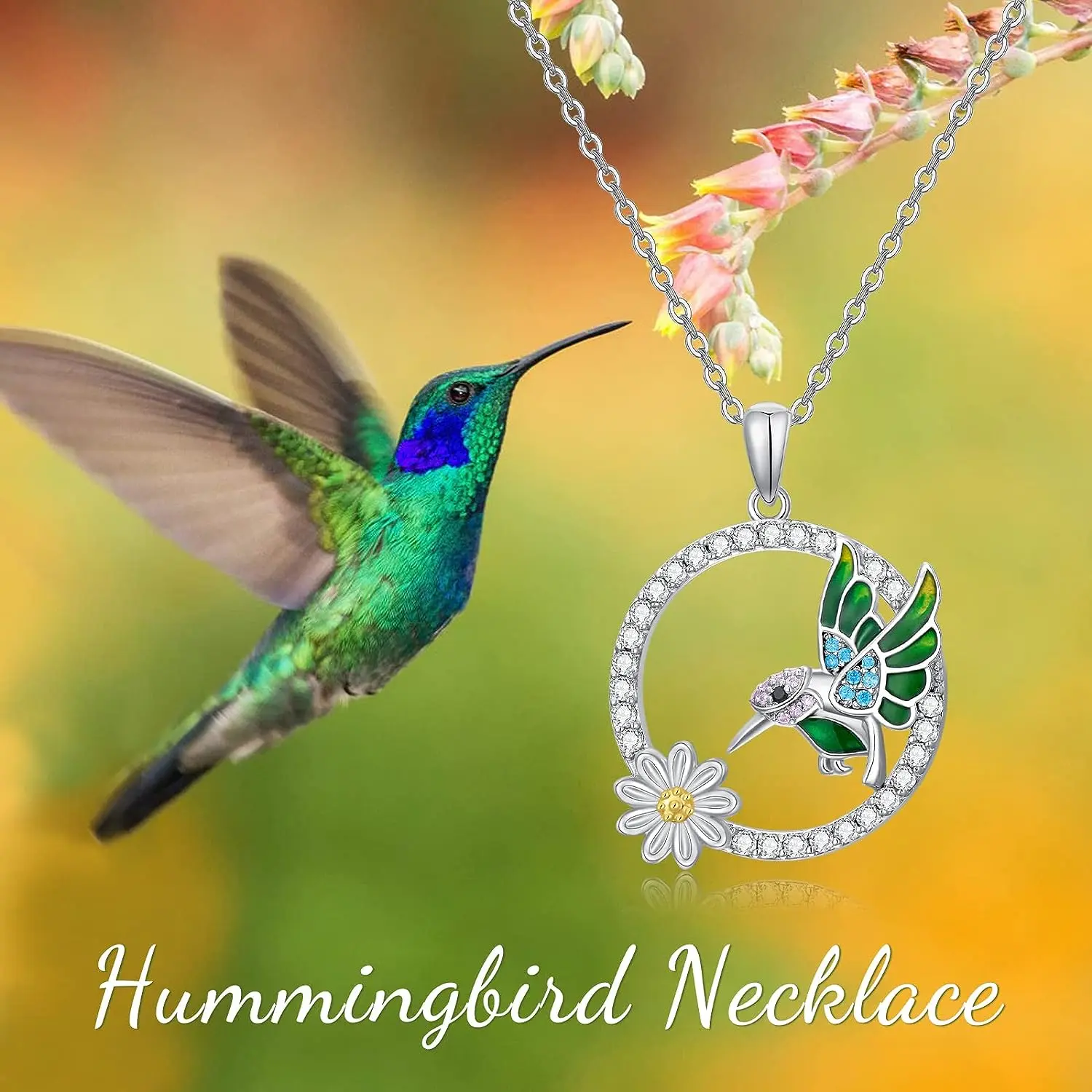 Exquisite Creative Hummingbird & Flower Circle Alloy Pendant Necklace - Elegant 3D Botanical Jewelry for Women, Nature-Inspired Adjustable Chain, Unique Gift for Her Birthday/Anniversary