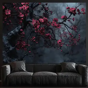 Vibrant Gothic Plum Blossom Polyester Tapestry - Cherry Red Flowers on Dark Background, Elegant Wall Hanging for Living Room, Bedroom, Office Decor