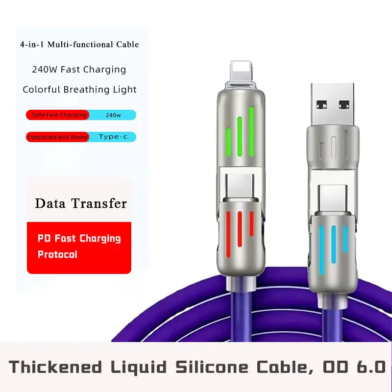 240W Fast Charging Cable - 4-in-1 Rotatable RGB Breathing Light Cable, for iPhone & Android Devices, Charge & Sync Functionality