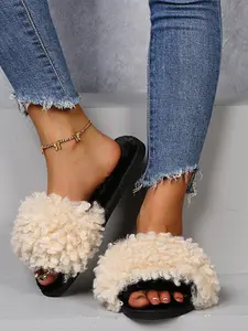 Women's Fashionable Fluffy Plush Slippers, Casual Soft Comfortable Home Slippers, Warm Slippers for Indoor & Outdoor Use for Fall & Winter, Walking Shoes