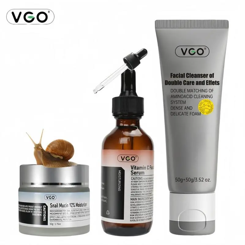 VGO Skincare Trio - 3-Step Daily Routine Set with Cleanser, Lightweight Serum & Moisturizer to Hydrate and Smooth Sensitive Skin, Cleansing, Moisture