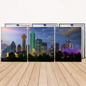 3 Counts Wooden Framed Canvas Painting, Colorful Dallas City Skyline At Night Images, Exquisite Poster, Perfect Living Room Decoration, Modern Art, Modern Art Design, Fashion Family Poster, Wall Art Decoration, Waterproof Art