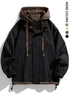 Men's Colorblock Letter Pocket Longsleeves Drawstring Hooded Jacket, Regular Fit Casual Windproof Long Sleeve Hoodie Jumper for Fall & Winter, Men's Clothes for Daily Wear, Fall Clothes 2024 Tops, Waterproof Jacket