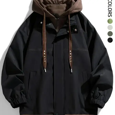 Men's Colorblock Letter Pocket Longsleeves Drawstring Hooded Jacket, Regular Fit Casual Windproof Long Sleeve Hoodie Jumper for Fall & Winter, Men's Clothes for Daily Wear, Fall Clothes 2024 Tops, Waterproof Jacket