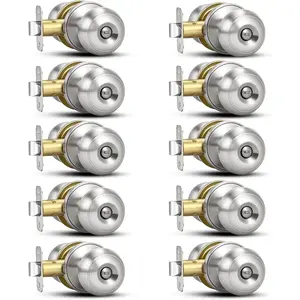 Plustool 10 Pack Brushed Nickel Door Knobs,Privacy Door Knob with Lock, Interior Doorknobs Silver, Keyless Door Locks Set for Bedrooms Bathrooms, Reversible for Left/Right Door Handle
