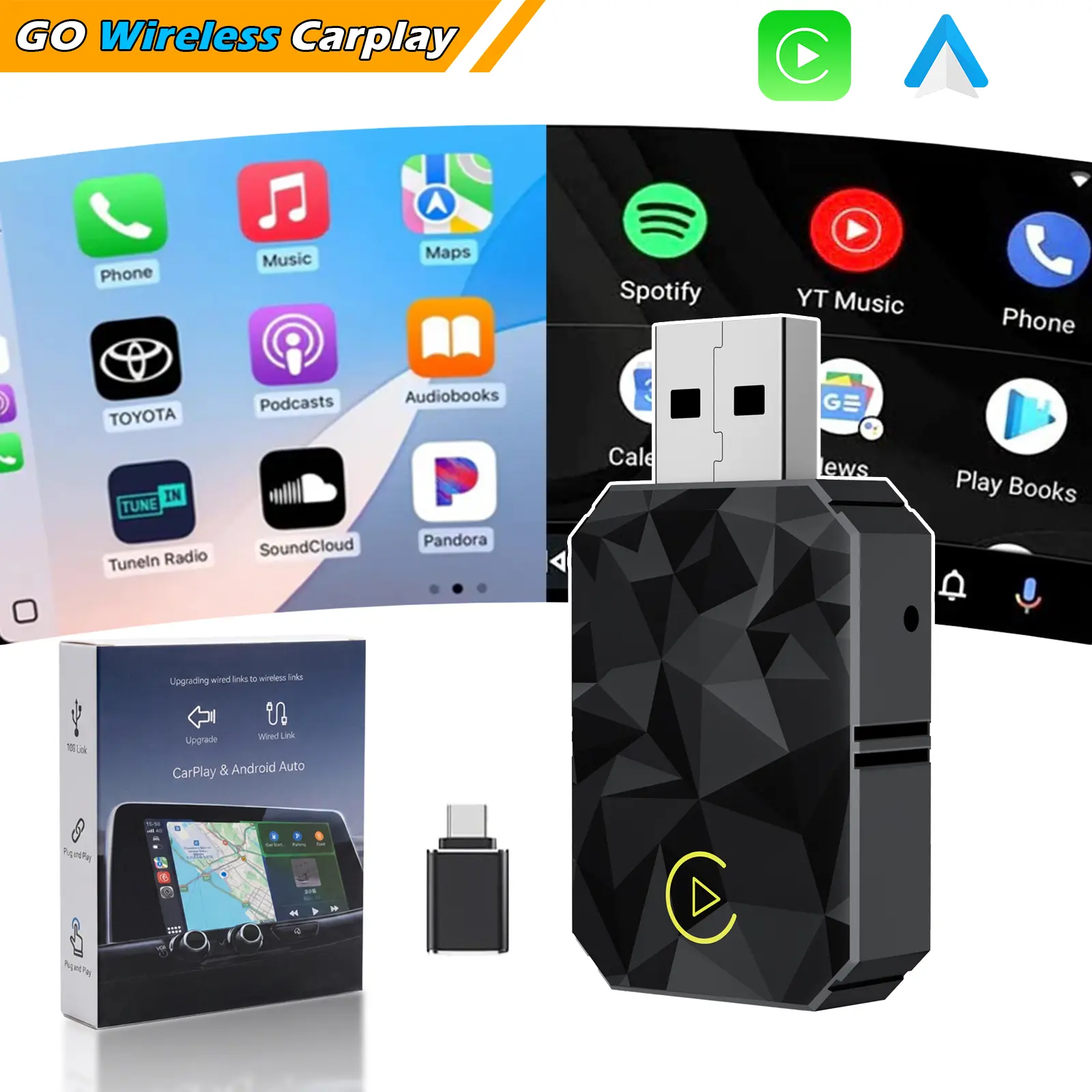 CarPlay Android Auto 2-in-1 Wireless Adapter, Wired to Wireless Conversion for Factory CarPlay, Bluetooth 4.1 5G WiFi, Plug and Play for iPhone All Models Android Phones