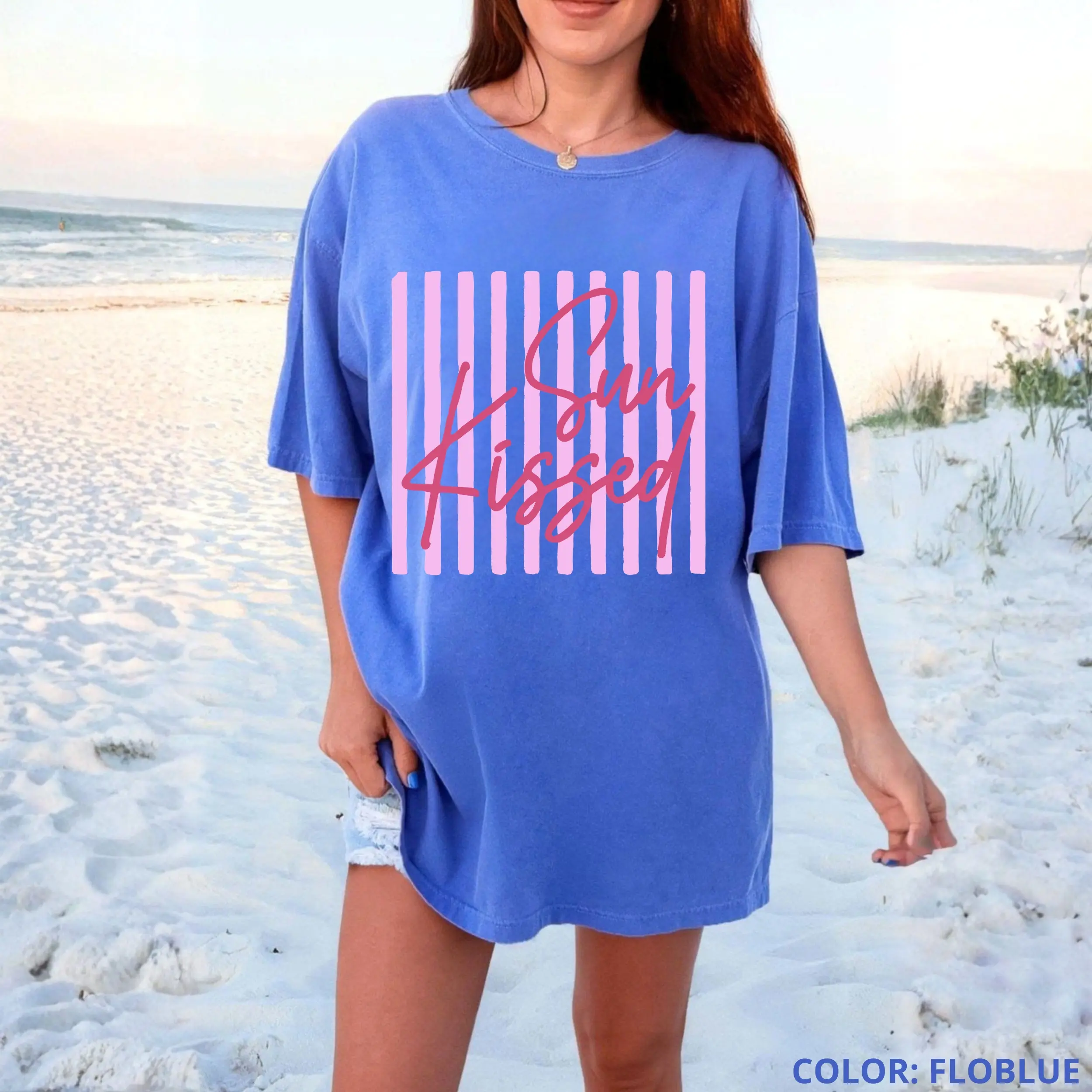 Comfort Colors Striped Sunkissed T-Shirt, Retro Summer Graphic Tee, Girly Beach Vacation T-Shirt, For Woman
