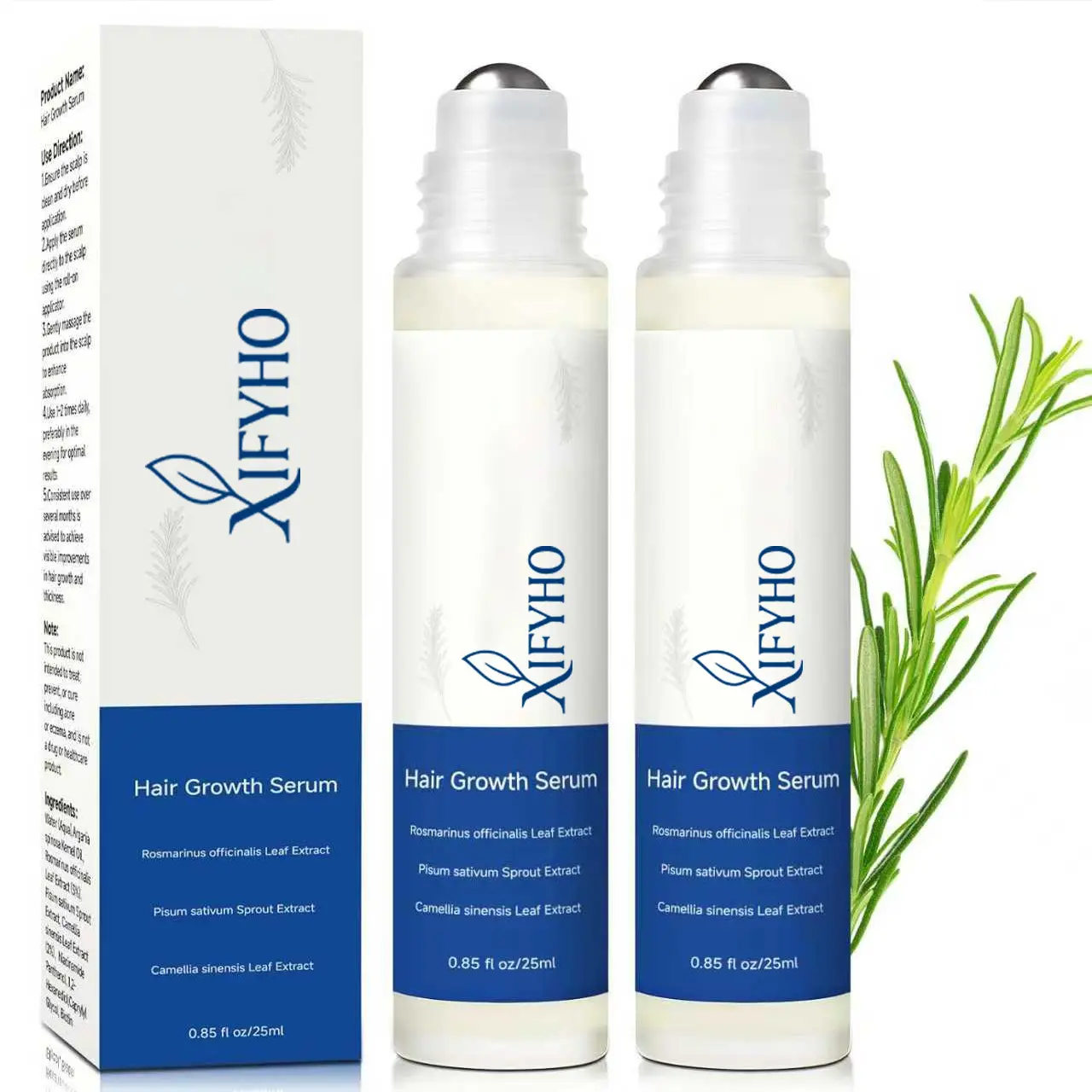 Rosemary Hair Growth Serum Roll-On Bottle 25ml – Contains Rosemary, Redensyl, and Anagain to promote oxygen circulation and reduce hair loss. Free from parabens and sulfates. For men and women（2 pack）