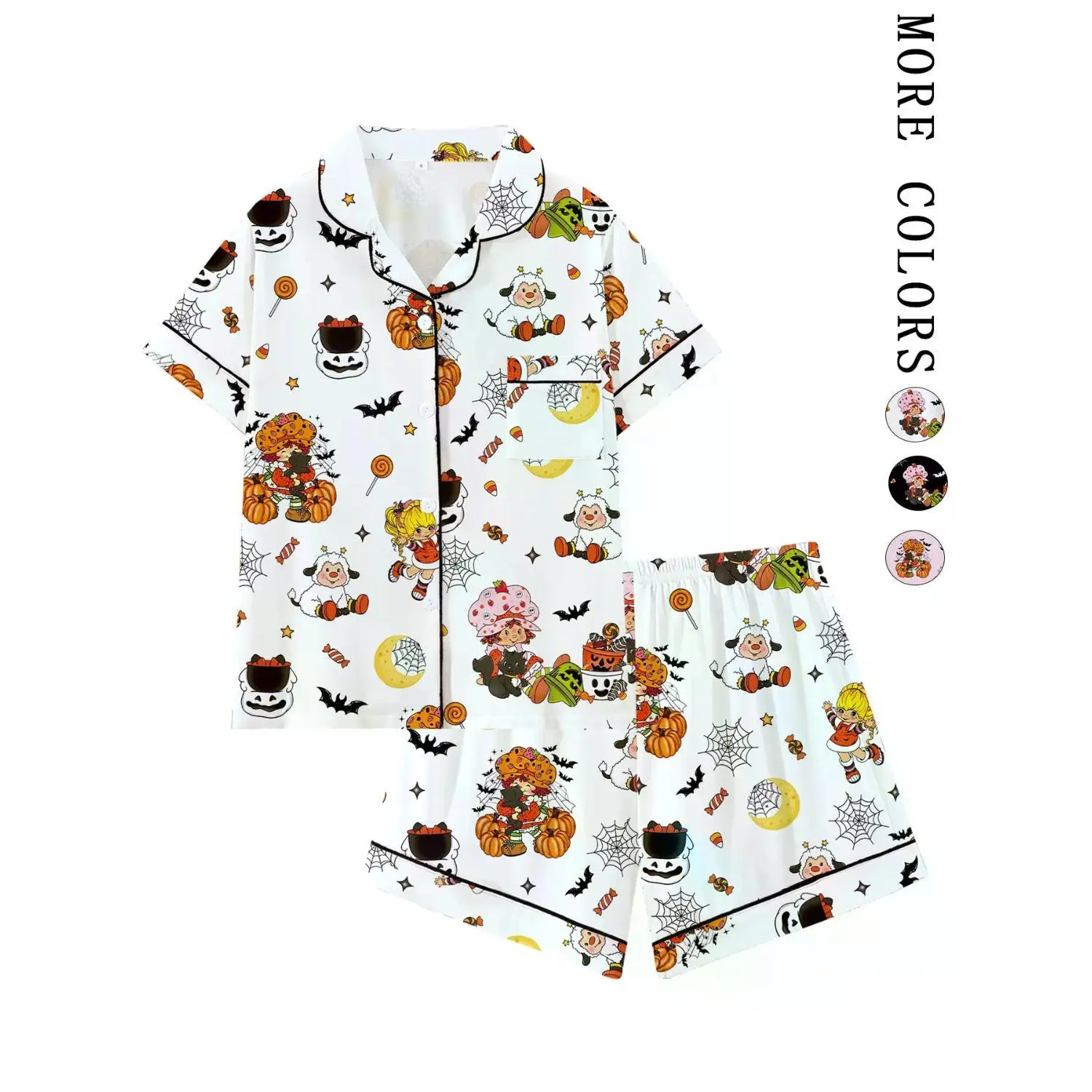 Retro Strawberry Girl Halloween Pajama Set | 80s Nostalgic Cartoon & Pumpkin Print Sleepwear | Soft Short Sleeve Button-Down Lounge Outfit | Fun Summeroween 2-Piece PJs with Black Piping