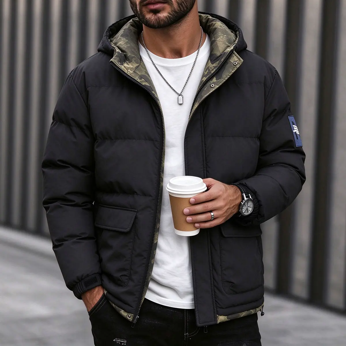 > Men’s hooded puffer jacket, winter warm quilted padded lightweight bubble coat, casual full zip, windproof thermal insulated outerwear, camo lining, large flap pockets, streetwear trendy ribbed cuffs, Y2K drip