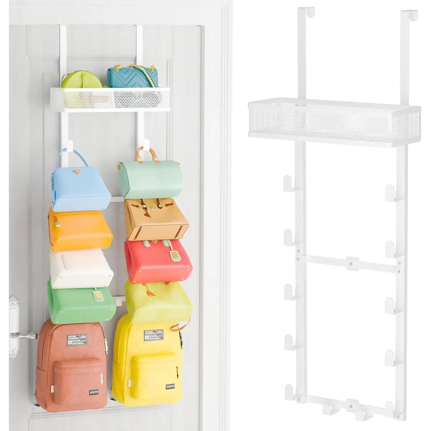 Over the Door Purse Organizer for Closet, Over the Door Hooks Wall Mounted Handbag Rack with 12 Hooks & Metal Basket, Holds up to 12 Bags, Use as 1 or 2 count, for Door, Closet White
