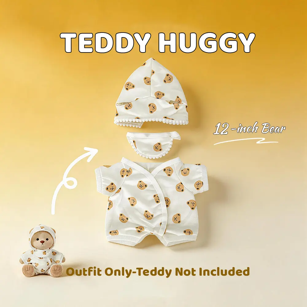 TEDDY HUGGY 12in White Crawler Pajama 3-Piece Set - Cute Series Little Bear, Soft Huggable Movable Joints Stuffed Animal, Kawaii Collectibles, Ideal Gift for Kids, Kawaii Stuffed Animals, Moveable Stuffed Animal