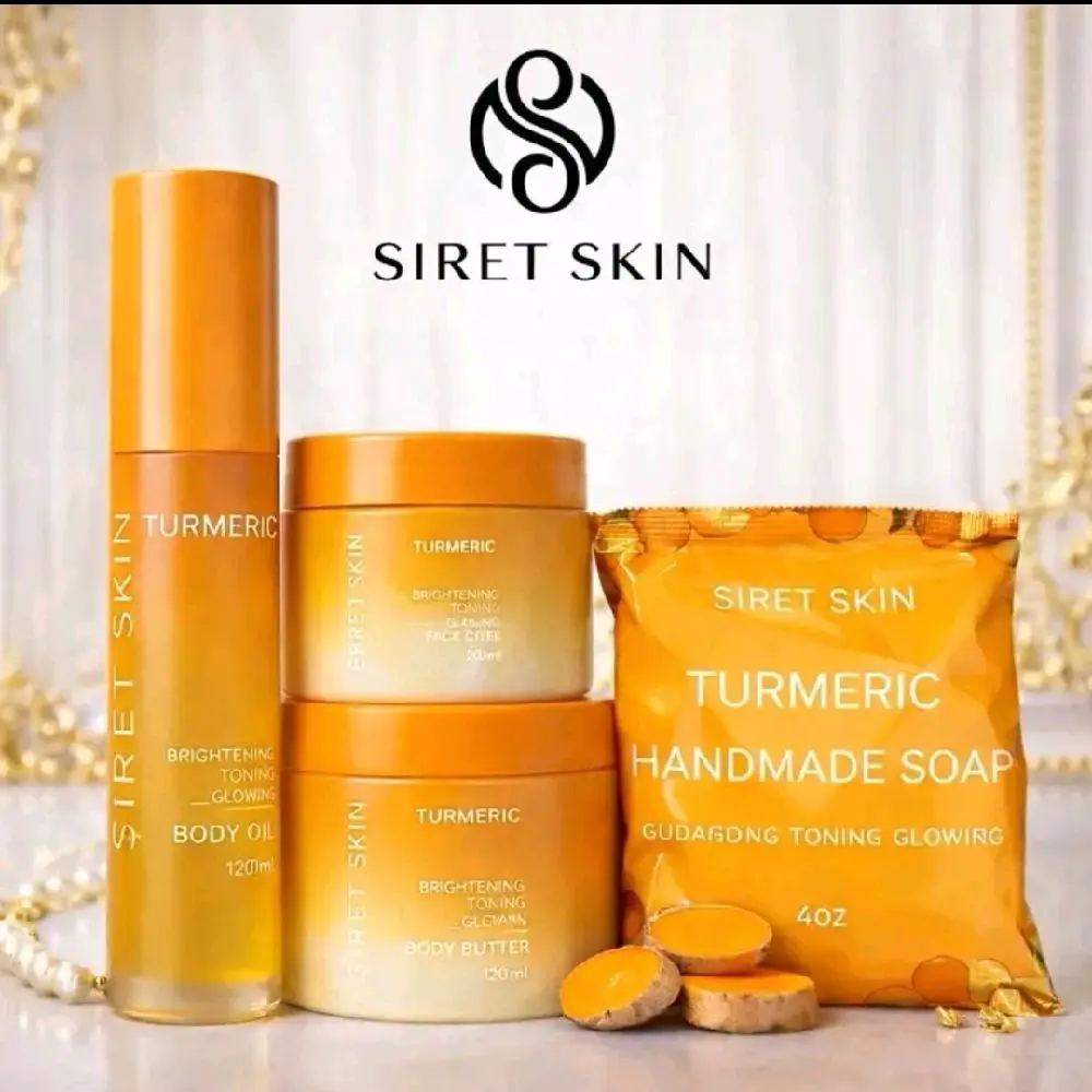 SIRET SKIN Turmeric Glow Body Care Set – Body Oil, Face Cream, Body Butter & Handmade Soap