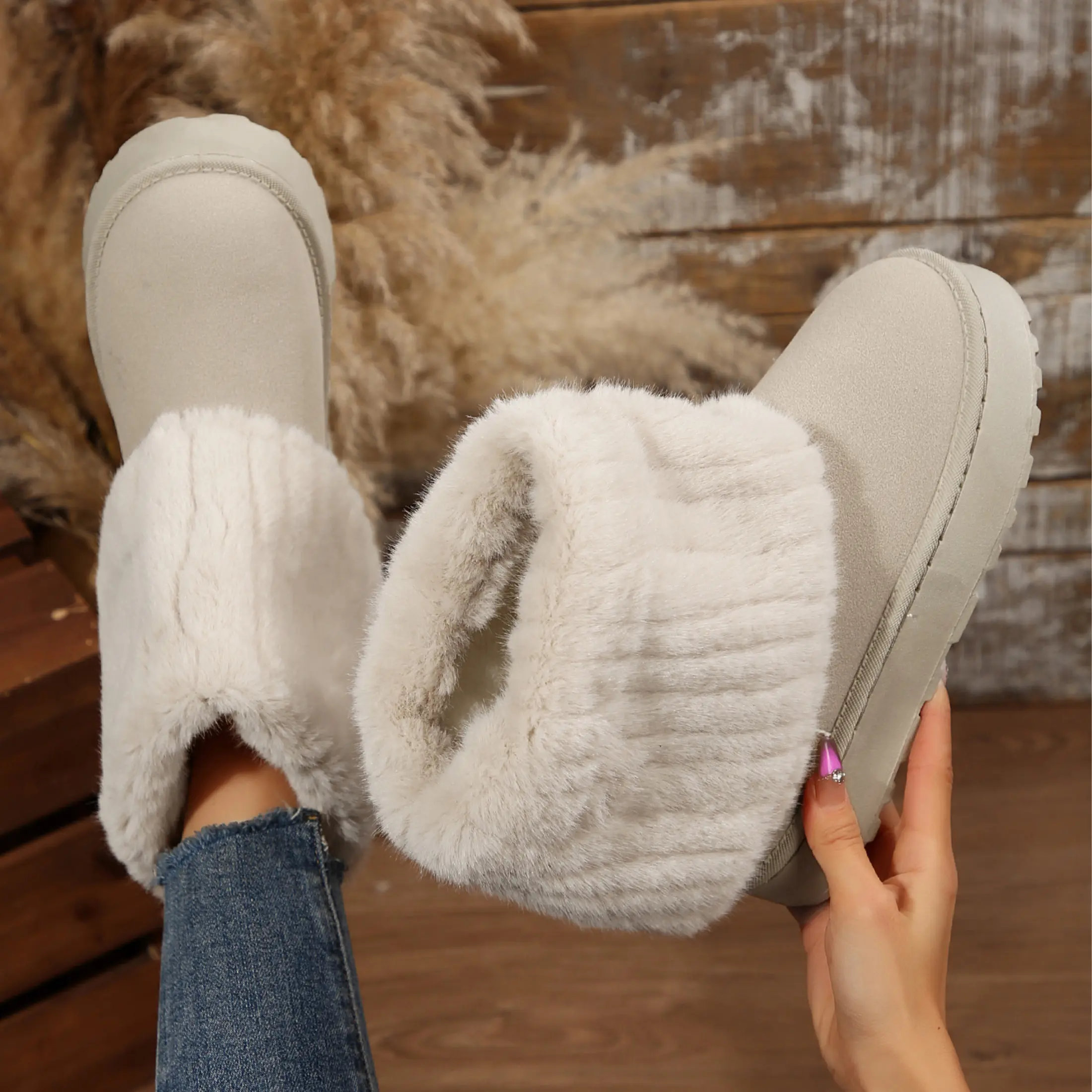 Women Boots Winter Warm Snow Boots Soft Cozy Comfortable Fuzzy Fluffy Mid Calf Snow Boots House Outdoor Indoor