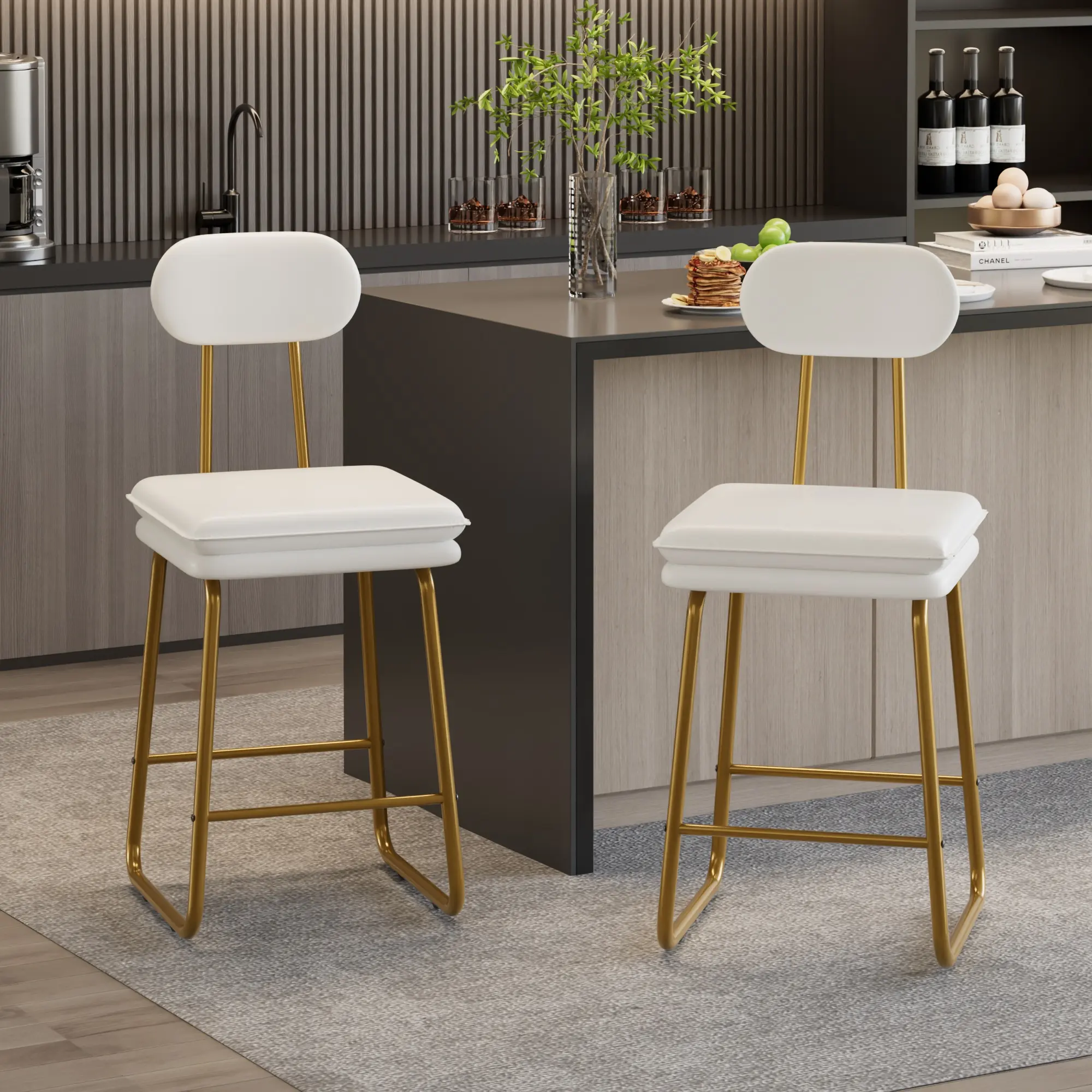 Bar Stools Set Of 2 /4 Counter Height Faux Leather Upholstered Modern Barstools With High Backs 4 Metal Legs Chair For Kitchen Island Dining Room Bar