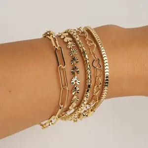 MEIITRUE She Love it Steadfast, Her First Waterproof Stackable Bracelets Set Classic Design Link Chain Paperclip 14K Gold Plated Fashion Accessories With Gift Box Perfect Matching Special Moment For Her