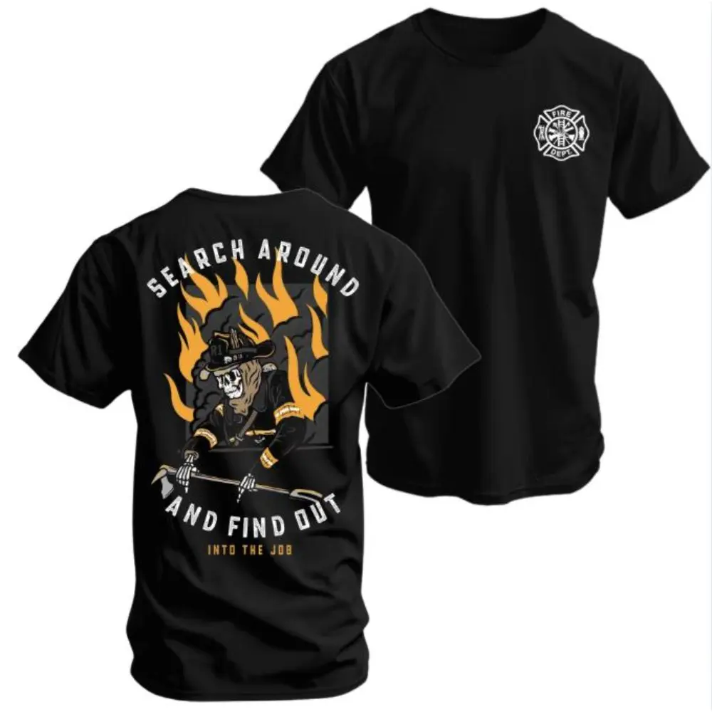 Men's Casual Flame Skull Print Cotton Tee Shirt - Streetwear Menswear Round Neck Short-Sleeve Top, Gift for Firefighter Enthusiasts, Valentine's Day