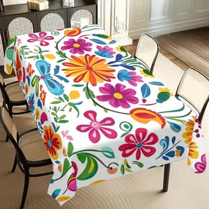 Colorful white rectangular tablecloth with festive floral design, durable and easy to clean, suitable for party decoration, birthdays and themed celebrations, party table decoration