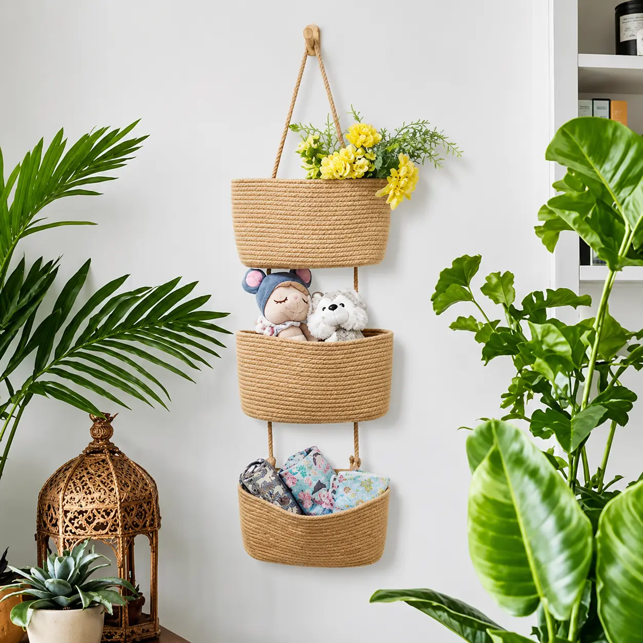 Woven Cotton 3-Tier Over-The-Door Hangable Storage Basket with Handles - 11in Multifunctional Organizing Solution for Daily Necessities, French Country Home Organizer