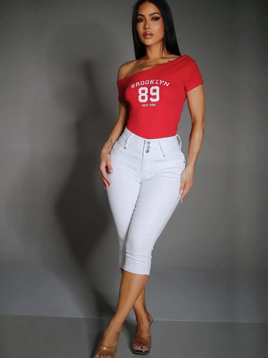 MX JEANS Women's High Waisted Stretchy White Denim Capris