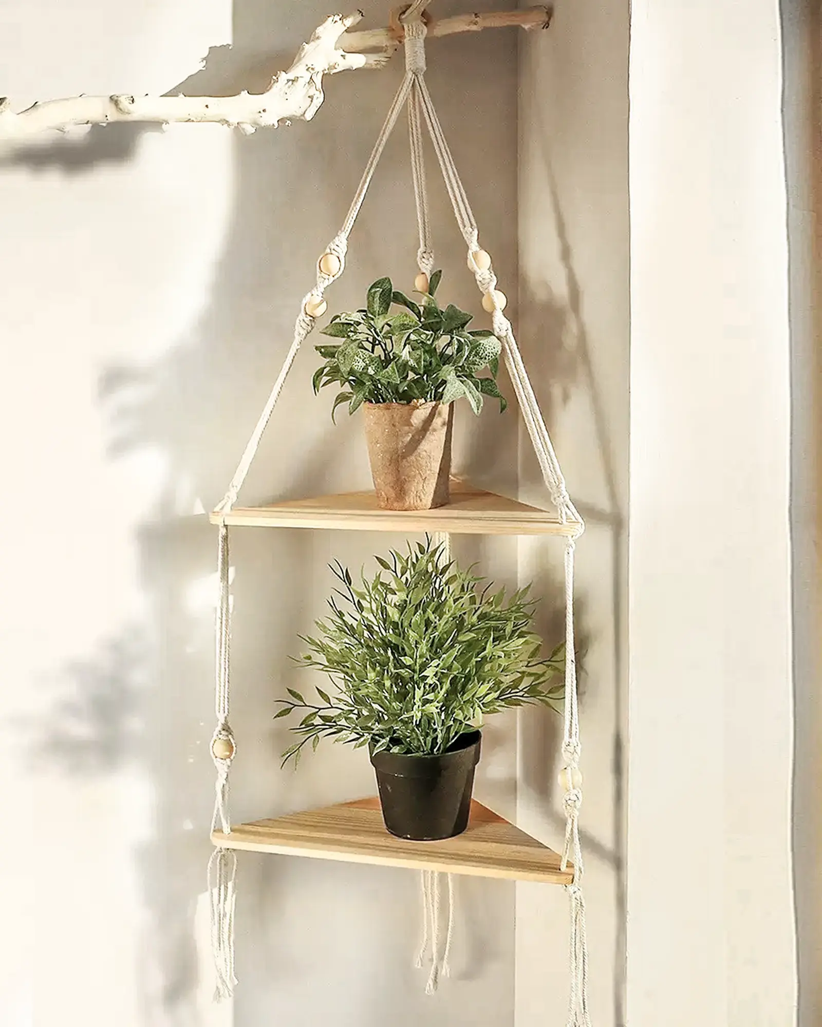 Bamworld Handmade Woven Macrame Hanging Plant Stand & 2-Tier Wooden Wall Mount Shelves, Corner-Mounted Space-Saving Floating Shelf, Boho Earthy Tones Decoration Items for Study Room Home Decor