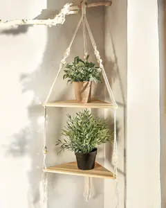 Bamworld Macrame Plant Hanger Corner Plant Shelf Wall Plant Holder Boho Hanging Planters for Indoor Plants Wood Hanging Shelf 2 Tier Wall Shelf Handmade Woven Plant Stand for Wall Living Room Boho Decor  decor for girls love