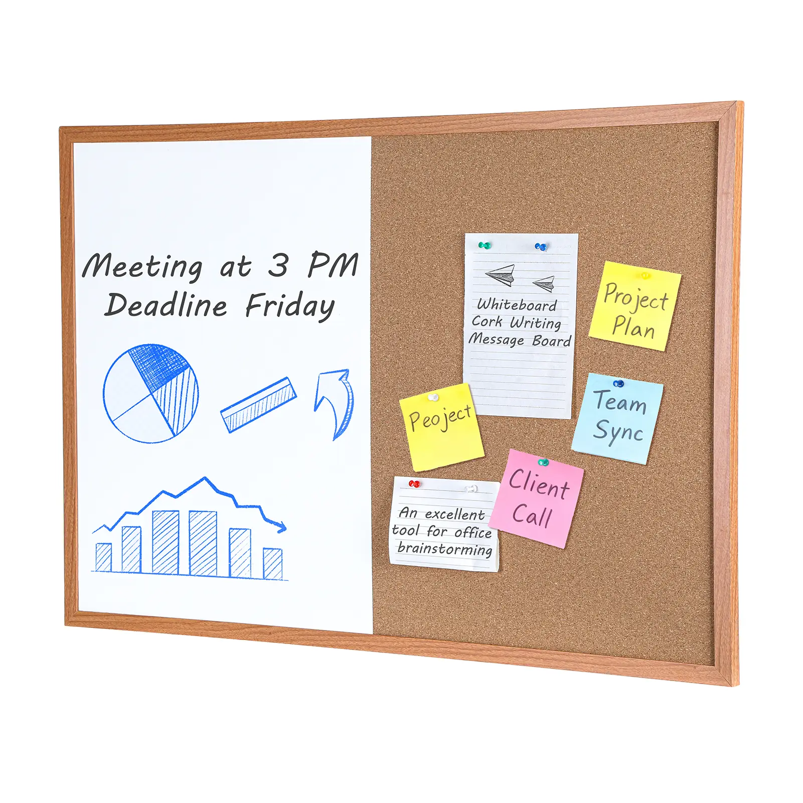 Explorinox Dry-Erase Cork Board Combo, Magnetic Whiteboard And Bulletin Board Combination, Wooden Frame Vision Board with Markers Push Pins for Office Home School