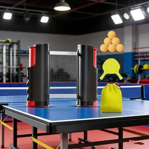Table Tennis Training Set, Adjustable Ball Net + Plastic Rackets & Balls, Includes Storage Drawstring Bag, Indoor Outdoor Use