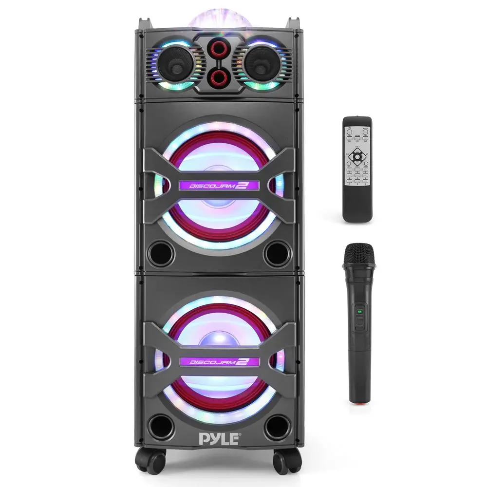 2000W Tower Bluetooth Speaker with Handle, Wheels, AA Compatibility, Aux, DJ Lights, Wireless Handheld Mic, Radio, SD Card, USB, Bass, Smartphone Audio Connectivity, Music Setup for Karaoke, Watch Party Digital Streaming Devices