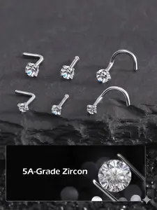 6PCS 20Gauge Hypoallergenic  5A-Grade Zircon Nose Rings Studs for Women & Men, Stainless Steel L-Shaped Nose Stud, Corkscrew Nose Piercing Nose Studs