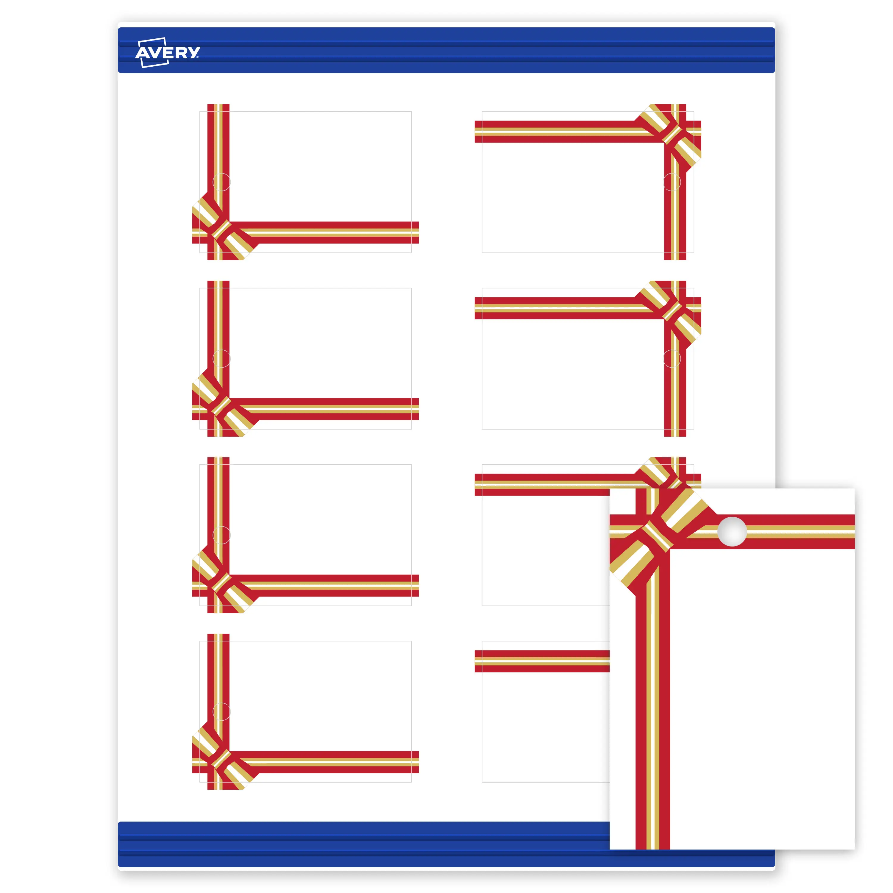Avery® Printable Christmas Tags with Sure Feed® Technology, Rectangle, 2" x 3", Pre-Printed Red & Metallic Gold Gift Bow Design, Matte White, Laser & Inkjet Compatible, 80 Total