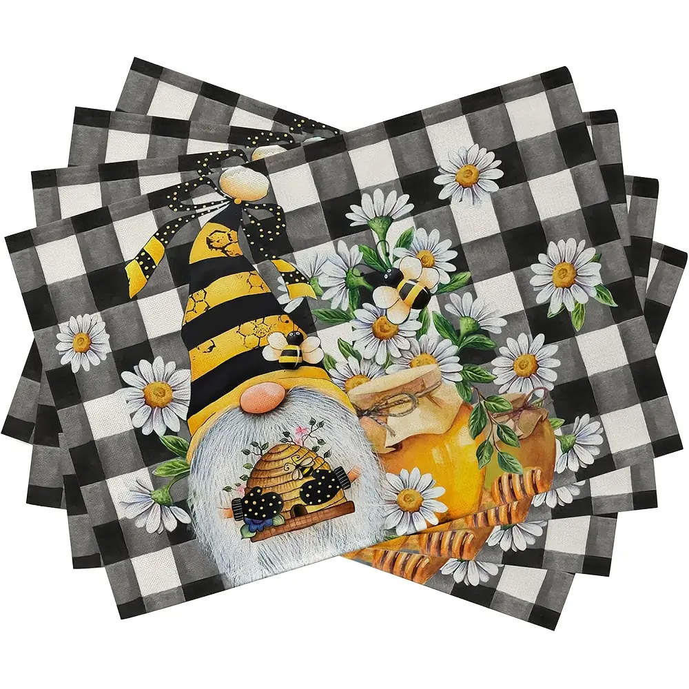 4-Piece Lightweight Spring Bee Gnome Daisy Plaid Linen Placemats - 100% Woven Rectangular 12x18in Tableware, Hand-Wash Only, for Farmhouse Kitchen Home Decor, Household Placemat with Coaster Compatibility, Coasters